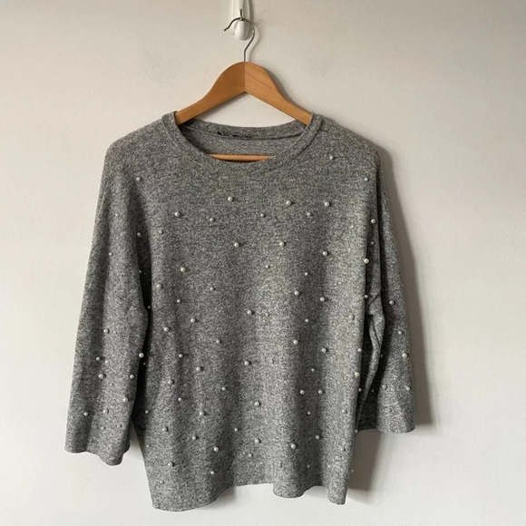 Zara GREY Pearl Raw Edge Drop Shoulder Pullover Sweater Heather  Grey Size Small - Picture 4 of 8
